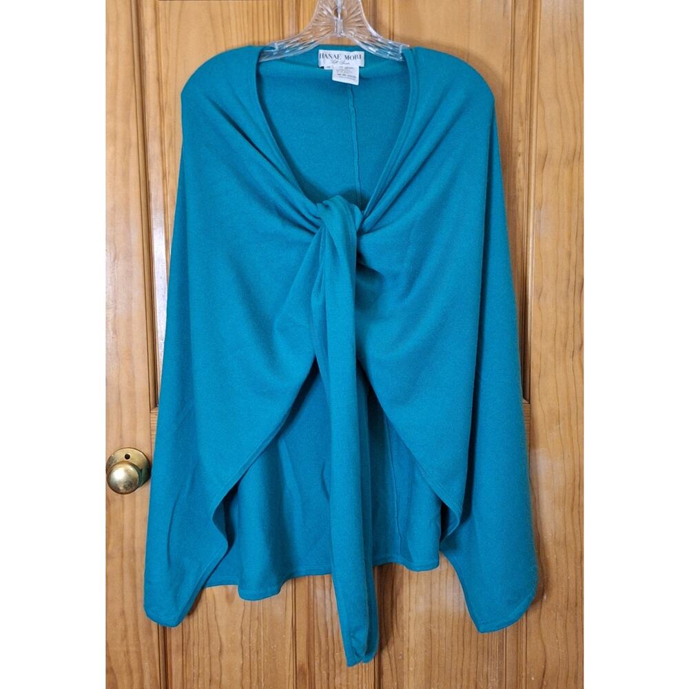 Hanae Mori Soft Sports Cashmere Silk Wrap Cardigan Teal Blue Front Tie Cape M